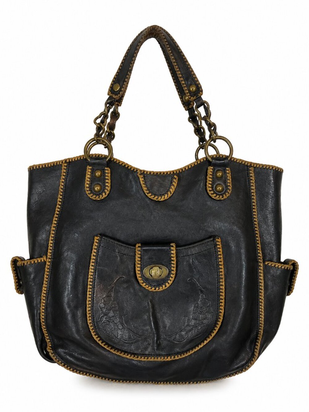 Vintage Eileen West Y2K Black Leather Whipstitch Boho Tote Bag Western
